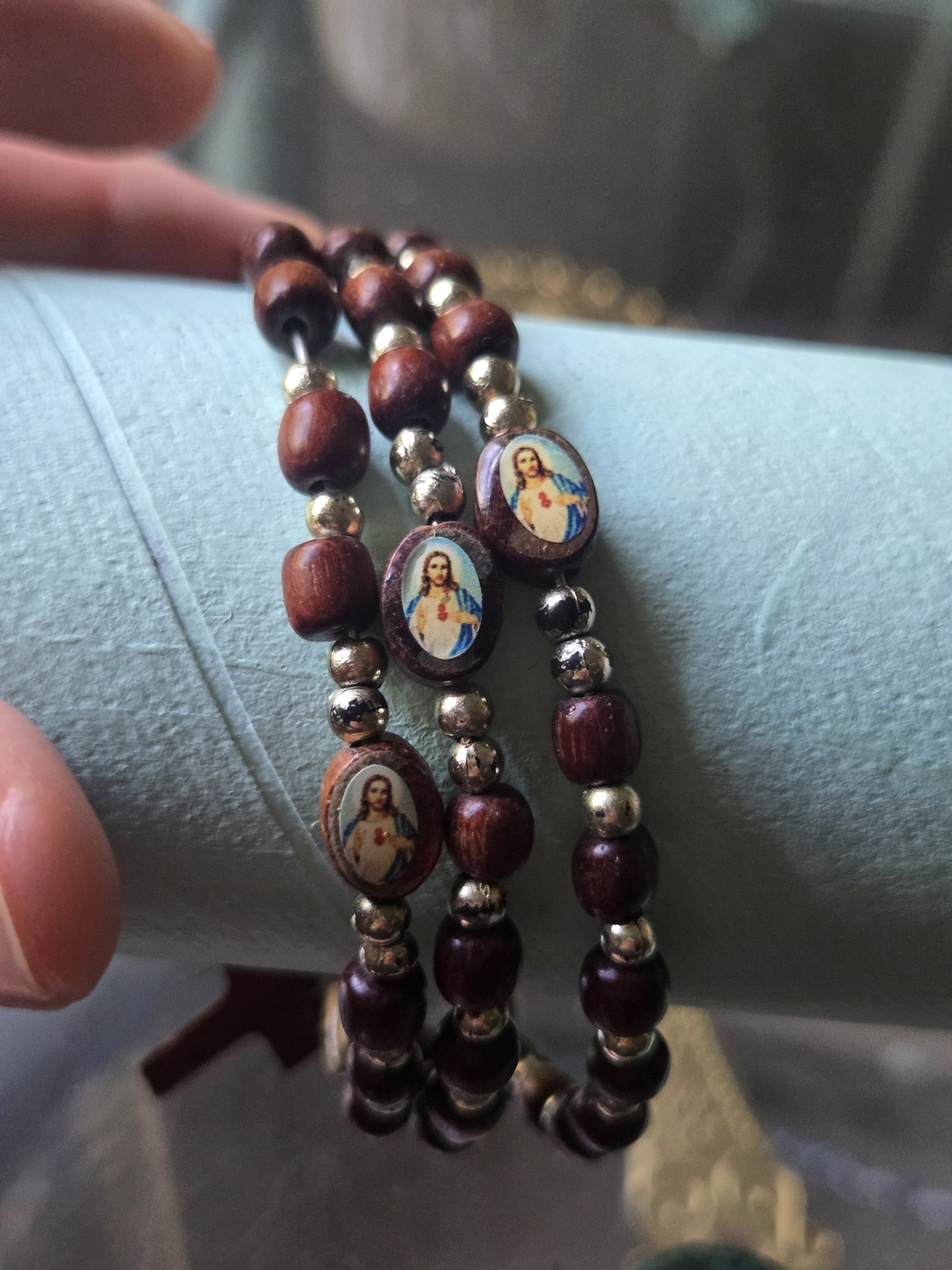 Religious Brown Wood Bead Stretch Bracelet with Silver Accents
